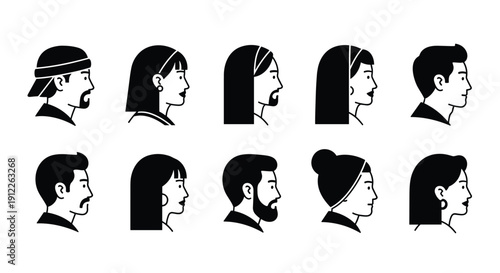 Contemporary Collection of Ten Monochrome Profile Avatar Icons Showcasing Diverse People with Varied Hairstyles and Distinctive Accessories.