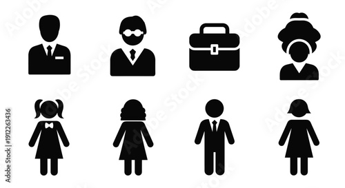Essential Set of Eight Monochrome Icons Representing Business Professionals, Children, and a Briefcase, Depicting Various Roles and Ages.