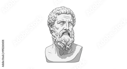 Classical White Marble Bust Depicting an Ancient Greek Philosopher or Statesman with a Full Beard and Curly Hair, Detailed Sculptural Art.