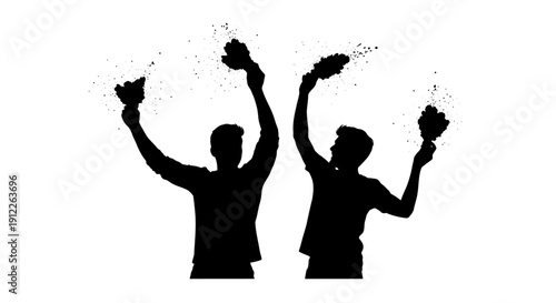 Two silhouetted men celebrating with arms raised, throwing powder or confetti into the air, symbolizing joy and festivity.