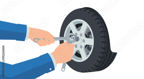 Detailed illustration of human hands in a blue suit sleeve using a silver wrench to adjust a car wheel with a flat tire, symbolizing vehicle repair and maintenance.