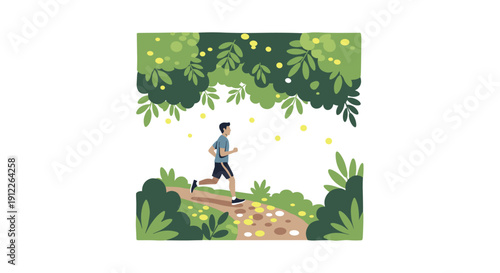 Man jogging on a dappled path surrounded by lush green foliage and sunlit leaves in a serene forest, illustrating a peaceful outdoor workout.