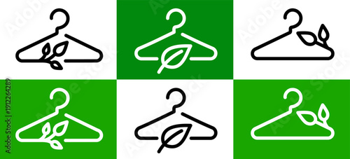 Recycling clothes icons showing sustainable fashion symbols with hanger, reused textile, eco friendly fabric signs. Illustration represents the concept of clothing care, repair, recycling materials