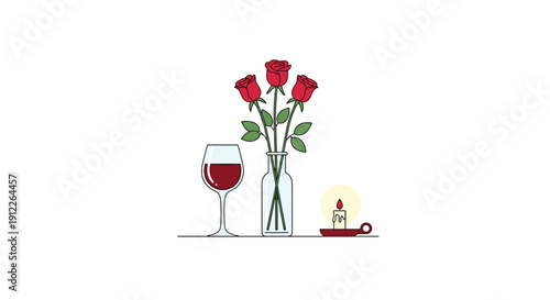 Classic arrangement with a wine glass, a clear vase holding three red roses, and a lit candle on a small saucer, creating an inviting romantic atmosphere.