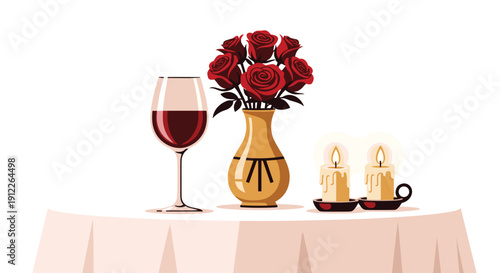 Luxurious romantic table setting featuring a wine glass, a vibrant red rose bouquet in a golden vase, and two elegant lit candles, placed on a draped table.