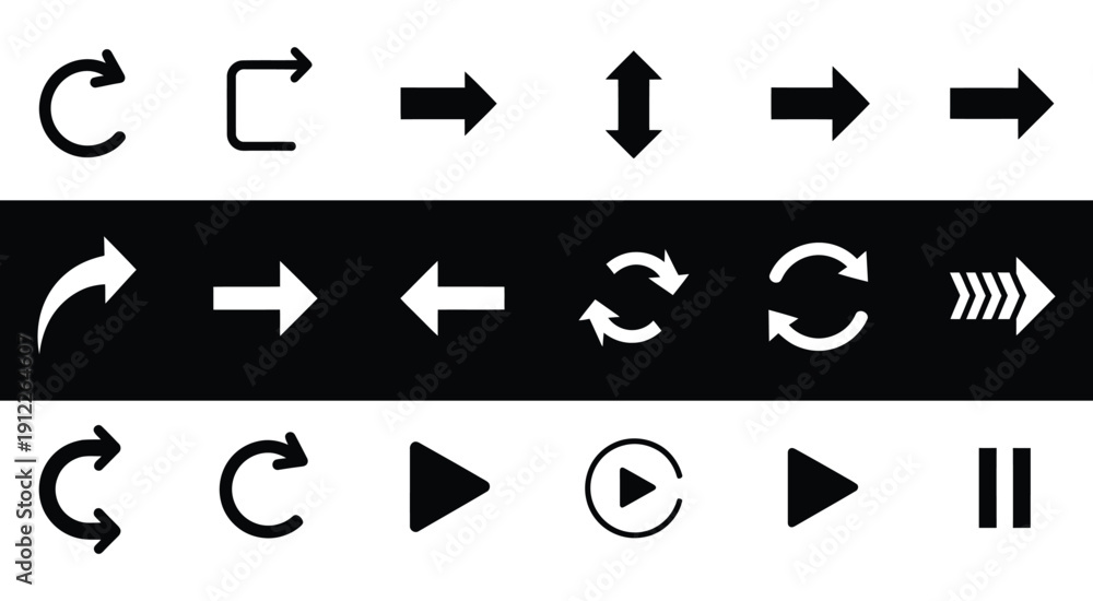 Fototapeta premium Diverse arrow and playback icons in black and white, representing navigation, direction, and media controls for digital interfaces