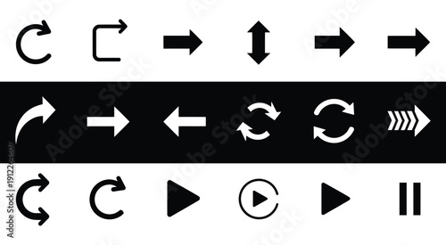 Diverse arrow and playback icons in black and white, representing navigation, direction, and media controls for digital interfaces