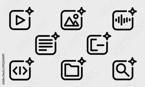 Modern black outline icons depicting AI-enhanced digital media, code, and file management tools, featuring video, image, audio, and search symbols for sleek UI design.