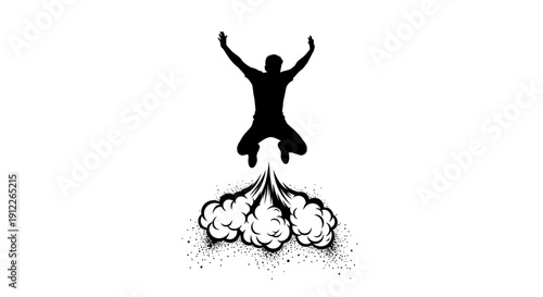Dynamic black silhouette of a person jumping with arms raised, emanating smoke or dust from below, symbolizing energy and propulsion.