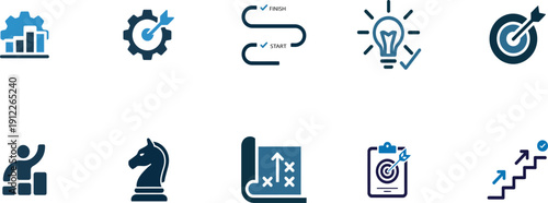 Business strategy and success icons for planning and management tools  isolated on white background