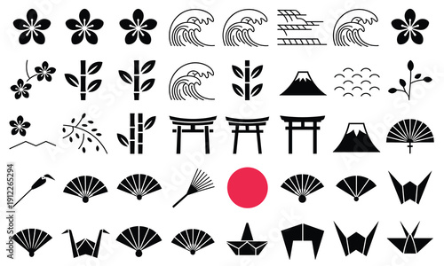 Essential Japanese cultural icons set in minimalist black vector style, featuring Torii gates, cherry blossoms, Mount Fuji, ocean waves, and classic origami on a clean white background.