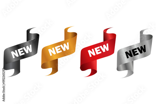 Vibrant ribbons in gray, gold, red, and silver colors with 'NEW' text, curled and twisted, isolated on white background