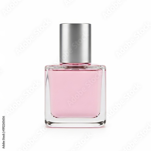 Elegant pink perfume bottle with silver cap on white background