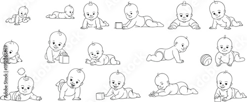 Cute baby crawling poses vector illustration set, adorable infant character collection showing different crawling positions isolated on light background for children design
