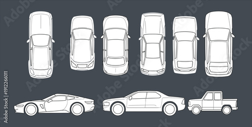 Minimalist vector car blueprint set with multiple vehicles in top and side views, automotive outline illustration collection isolated on dark background