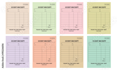 Fotografie Eight colorful blank guest receipt forms set for restaurant and cafe billing, featuring fields for server, date, tax, and total amount, clean vector illustration