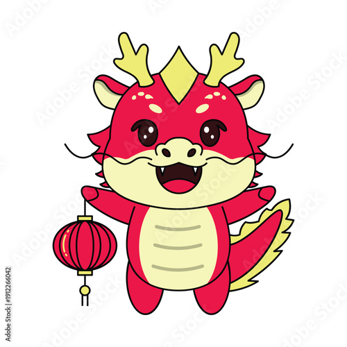 Cute red dragon holding a lantern, a traditional lunar new year element