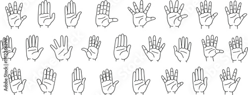 Minimalist vector illustration set of human hand gestures and palm positions, open hands silhouette collection showing counting and communication signs on light background