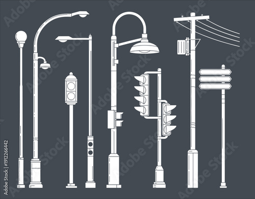 Urban street infrastructure vector illustration set with lamps traffic lights and signposts, minimalist city equipment silhouette collection isolated on dark background
