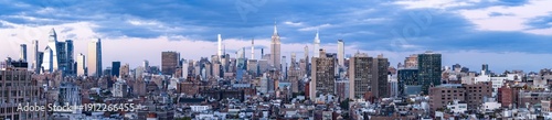 Manhattan skyline panorama at dusk, New York City, USA
