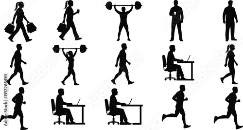 Black people silhouettes set, active lifestyle collection, shopping, fitness, running, weightlifting, and business office work poses, cad drawing flat vector illustration