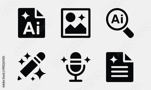 High-contrast black vector icons symbolizing generative AI integration into digital creative workflows: document creation, image editing, search, writing, and audio production tools.