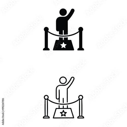 Vector illustration of celebrity standing on podium behind a velvet rope barrier