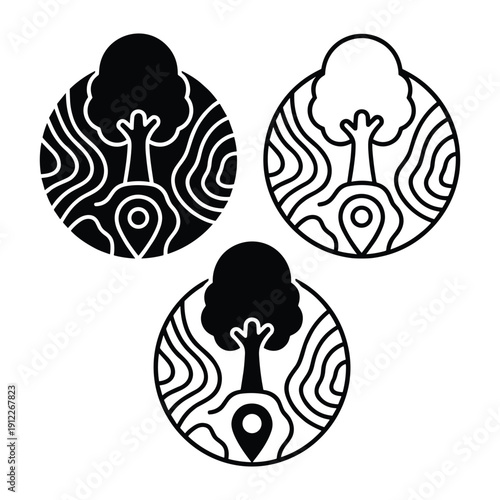 Set of three minimalist tree icons featuring map pins and landscape elements