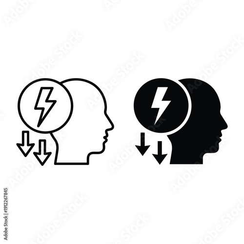 Mental health icon showing human head with lightning bolt and downward arrows