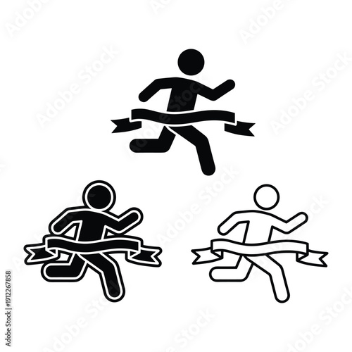 Silhouette and outline icons of athlete winning race by crossing finish line