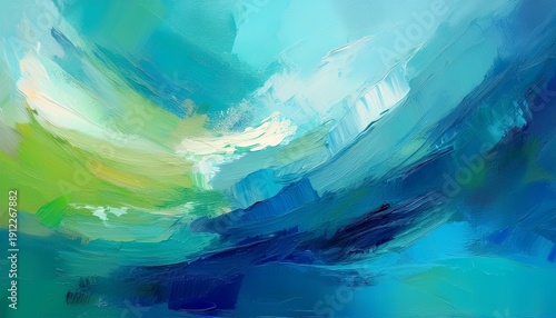 abstract painting with brushstrokes blended blues greens and aquamarine hues