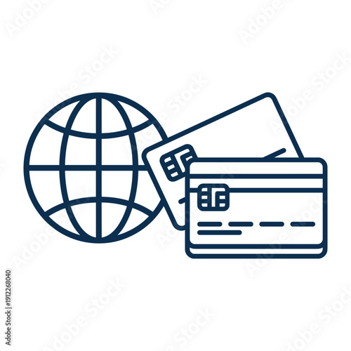 Line art illustration of credit cards and globe for international banking transactions