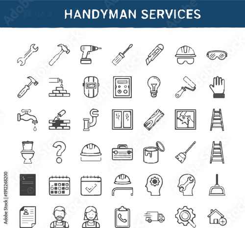 Vector line art icon set for handyman services, featuring tools like a wrench, hammer, drill, screwdriver, and safety gear, isolated on a white background.