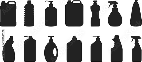 Black plastic bottle silhouette set with spray bottles, pump dispensers, detergent containers and cosmetic packaging. Minimal household cleaning and hygiene product icon collection isolated on white.
