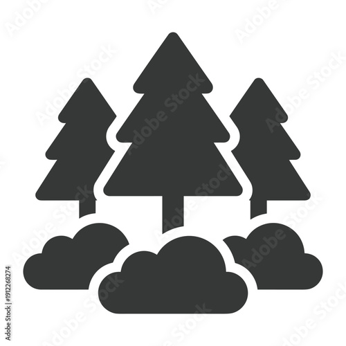 Minimalist graphic symbol representing a forest with evergreen pine trees and shrubs