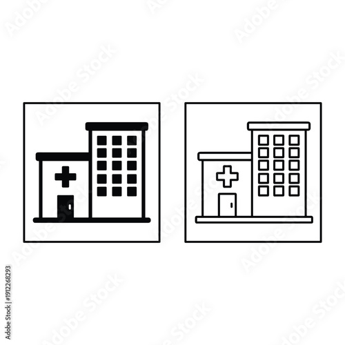 Medical clinic facility icons featuring a cross symbol in outline and solid