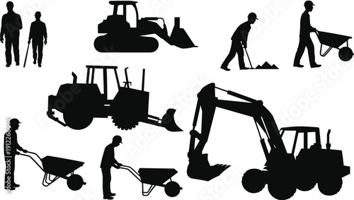 Construction equipment and worker silhouettes set with excavator, bulldozer and wheelbarrow, heavy machinery and labor concept illustration isolated on white background.