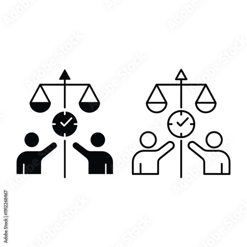Vector illustration of time management and equality icons with people and scales