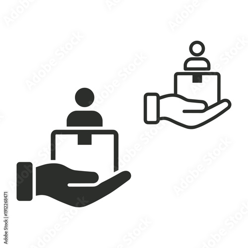 Hand holding package with person icon for delivery and logistics service