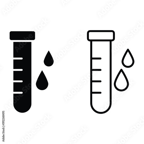 Set of solid and outline test tube icons with droplets for science
