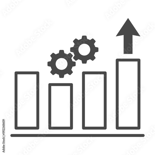 Minimalist bar graph illustration with mechanical gears and arrow representing industrial productivity success
