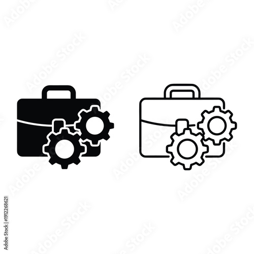 Minimalist black and white icons of a briefcase combined with mechanical gears
