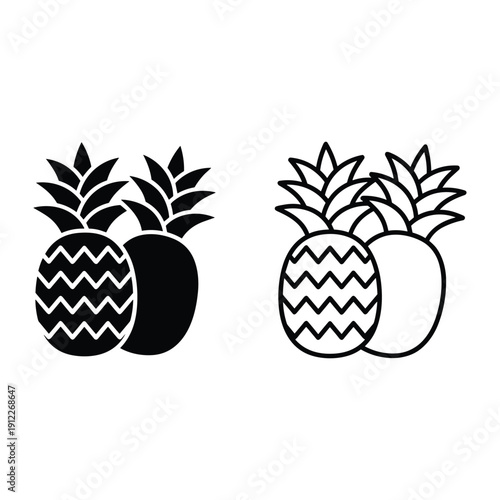 Tropical pineapple fruit symbols in black solid and outline vector graphic styles