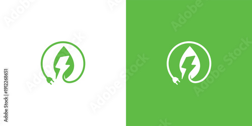 Green energy logo with leaf and lightning bolt design.