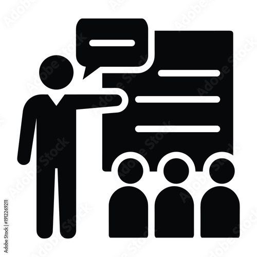 Professional speaker giving presentation to audience with speech bubble and board icon