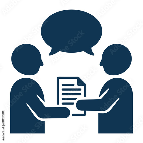 Business people silhouettes discussing a contract document with a speech bubble icon