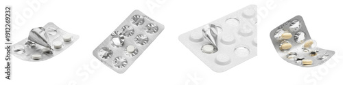 Foto Set and collection of used empty silver foil medicine blister packs for pharmace