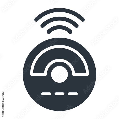 Minimalist black icon representing a robotic vacuum cleaner with wireless connectivity signal