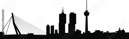 Modern city skyline silhouette with cable bridge, skyscrapers and communication tower, urban downtown panorama with harbor ship illustration isolated on white background.