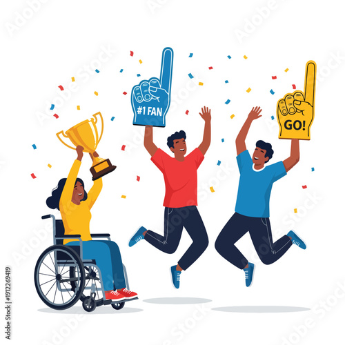 Diverse group of friends celebrating achievement with a trophy and fan gear, cheering enthusiastically.